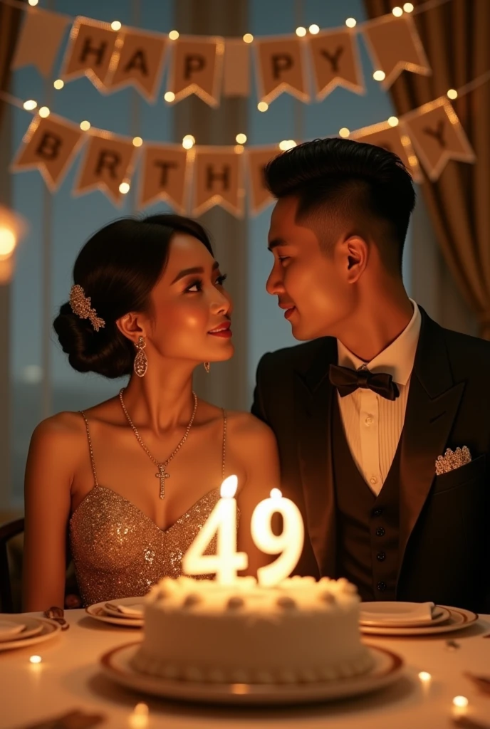 a birthday celebration dinner of an Indonesian woman showing 1 lady and 1 gentleman wearing sophisticated clothes, the lady is wearing a necklace with a cross at the end, hyper realistic, the gentleman's hair style is short, UHD image, delightful and cheerful. Both people are facing camera. The gentleman is giving a birthday give to the lady. There is a cake with candle number 49. A banner behind with a caption "Happy Birth Day, Diah"