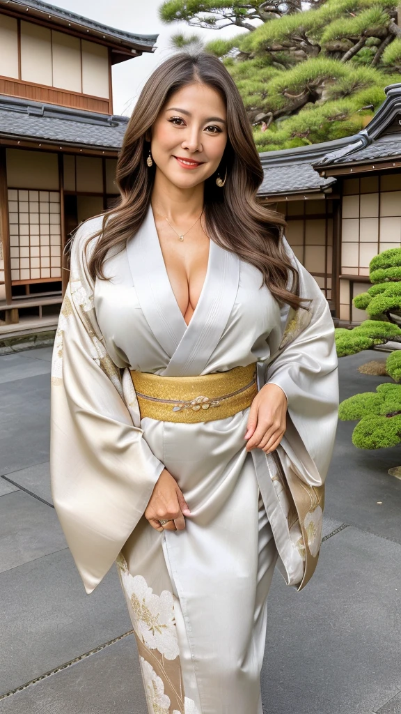 60 year old mature woman, Alone, Casual hair, Looking at the audience, (Orgasm face), Gray and white blonde hair, Brown eyes, Luxury gold jewelry, Full body, (((Looks wearing sexy japanese kimono dress, beautiful and sexy))), Realistic, Sexy, beautiful color, perfect skin, 3 breast sizes. (Realistic, high resolution), photo size 3:4, 1 cute sexy mature woman, expressive big brown eyes, happy, ( 8K, raw photo, Best quality, High detail, curvaceous shape, curvaceous body, full body from the tip head to toe, smile Incredible Pleasure, (((Background Typical Japanese house Front yard of the house))),
