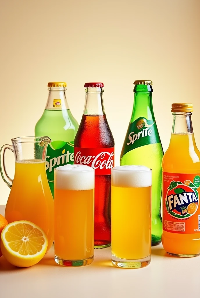 coke bottle, sprite, fanta, lemon juice, orange juice and pilsner beer