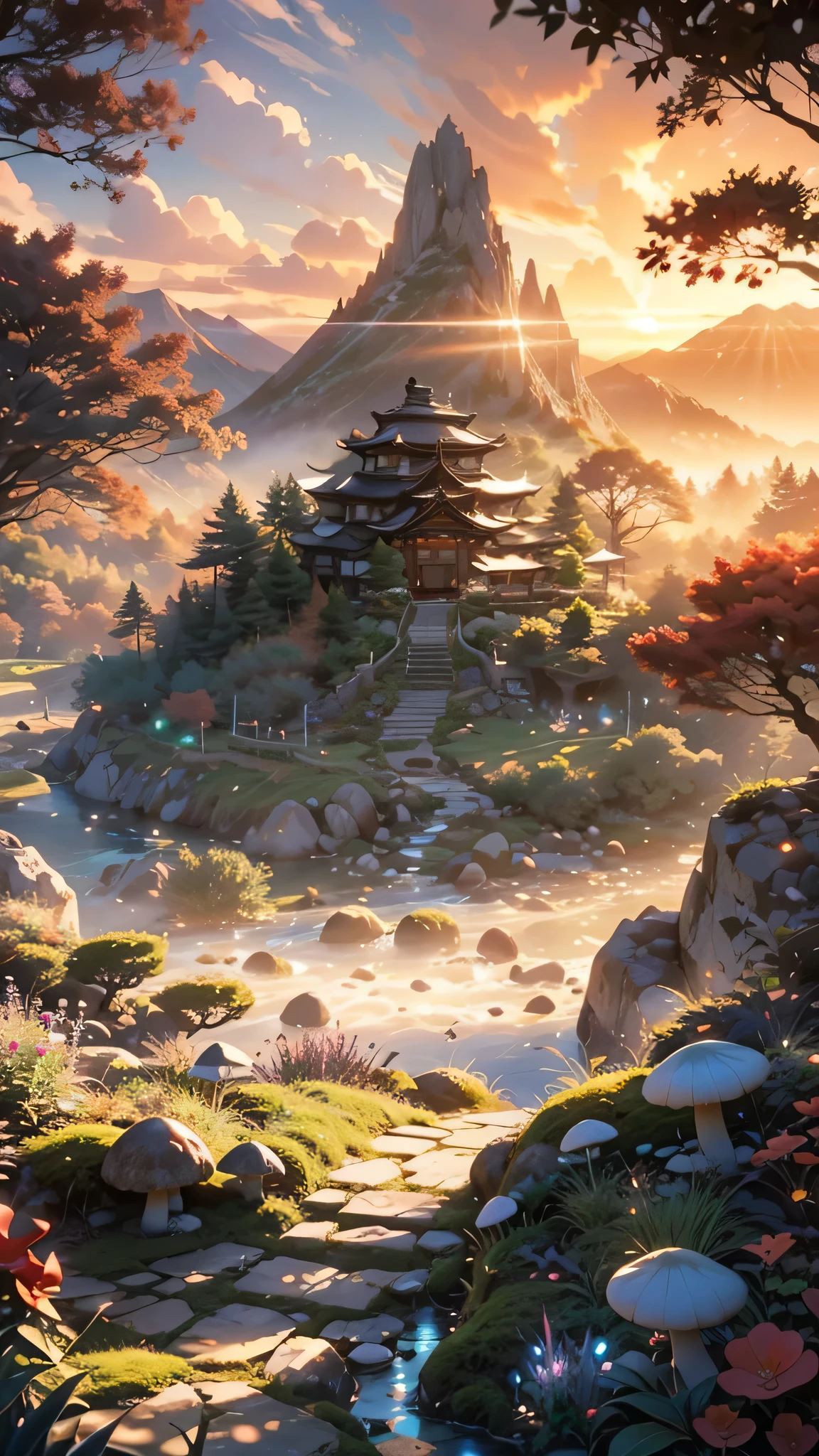 a futuristic small low pod home in a beautiful japanese garden, fairytale view with dramatic mountain range, rocks plants flowers shrubs bushes trees moss lawns grass mushrooms,colourful sunset and strong sunbeams,very hazy,extreme details,photorealistic,4k,HD,beautiful,nature, dreamy, low shot,ground level photo, good luminosity, high ambience