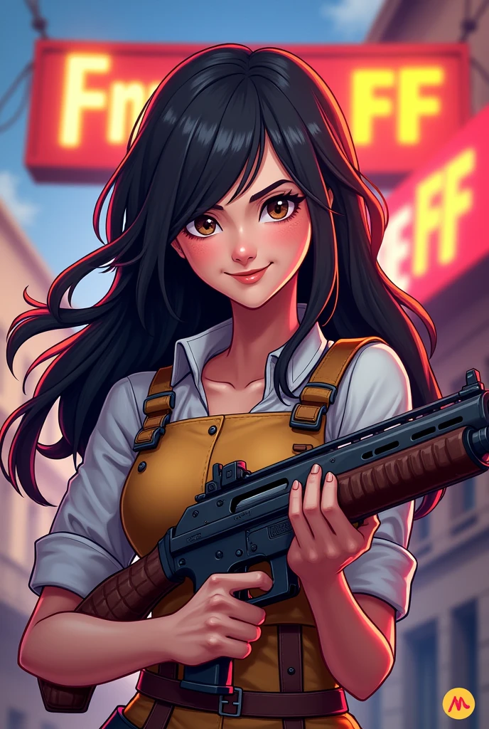 Image of a free fire cartoon girl with dark hair, long, without fringe,that her name Sarah FF appears as a poster and that she has a gun in her hands