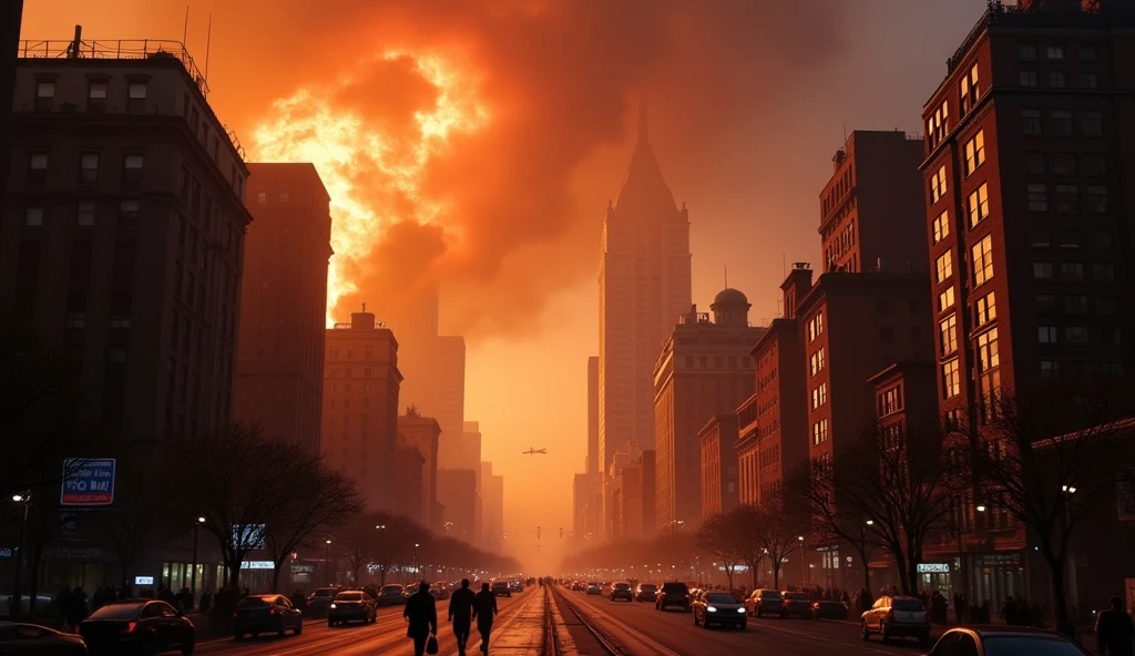 New York City in Chaos; fires in buildings in broad daylight; bombs exploding.