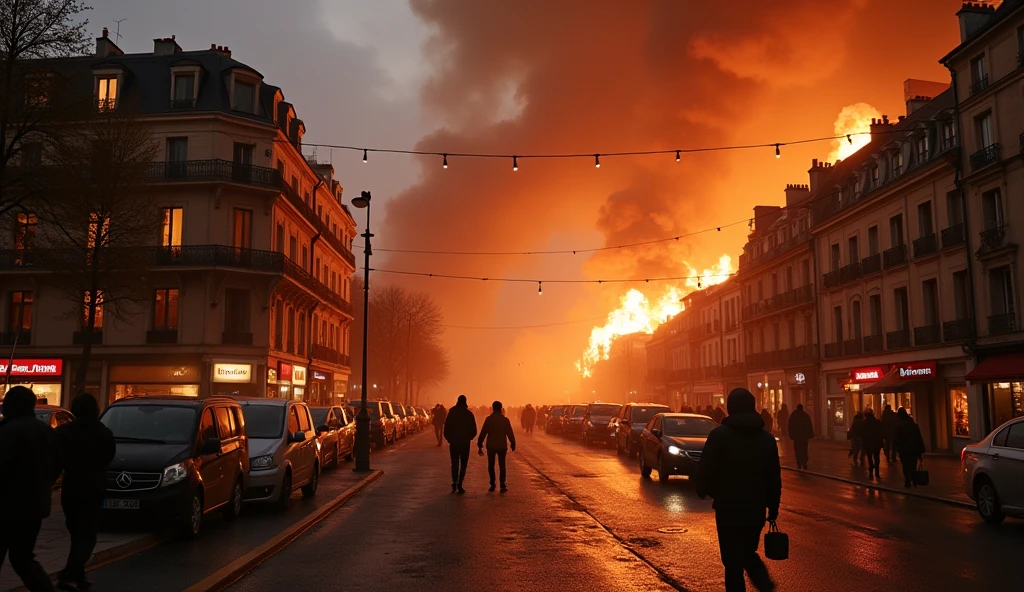 City of Paris in chaos; fires in buildings; bombs exploding.