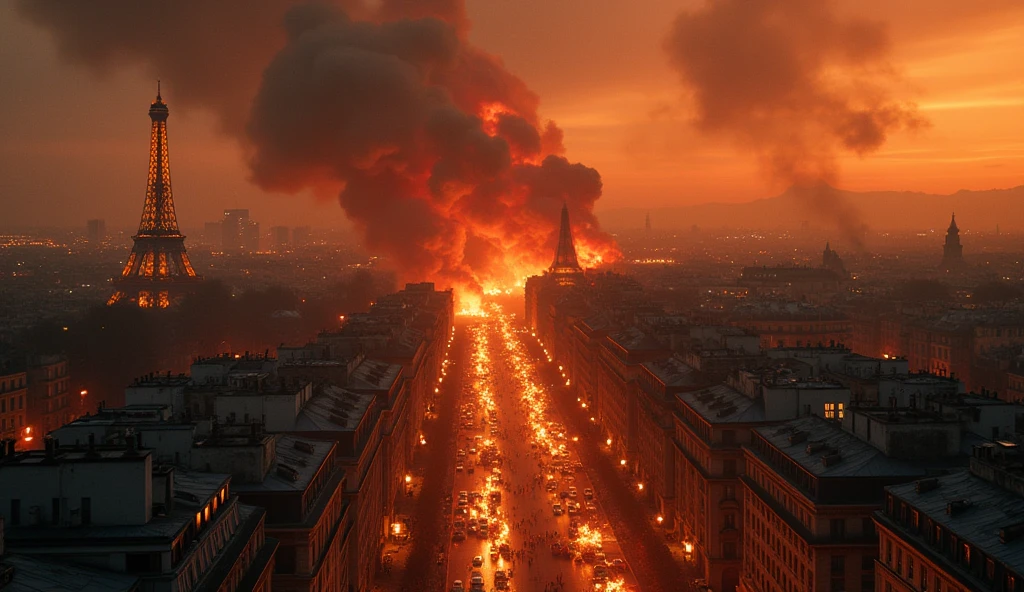 City of Paris in chaos; fires in buildings; bombs exploding.