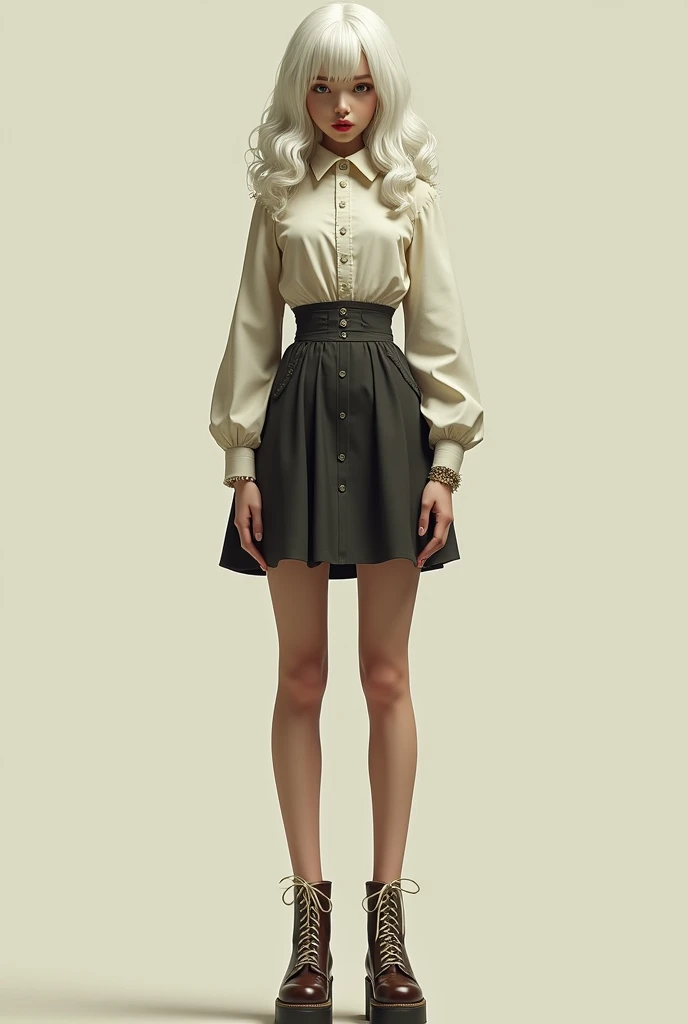 Giant girl,retro outfit, white hair ,looking at the viewer