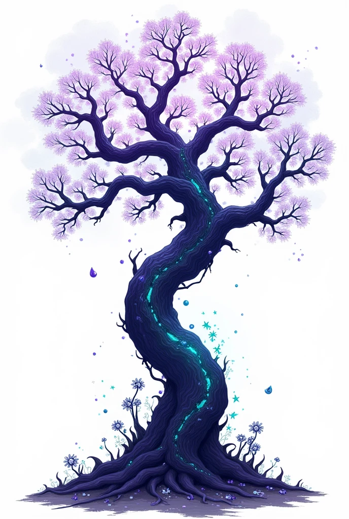 illustration, dark tree with purple details and blue and turquoise details, magic theme, white background