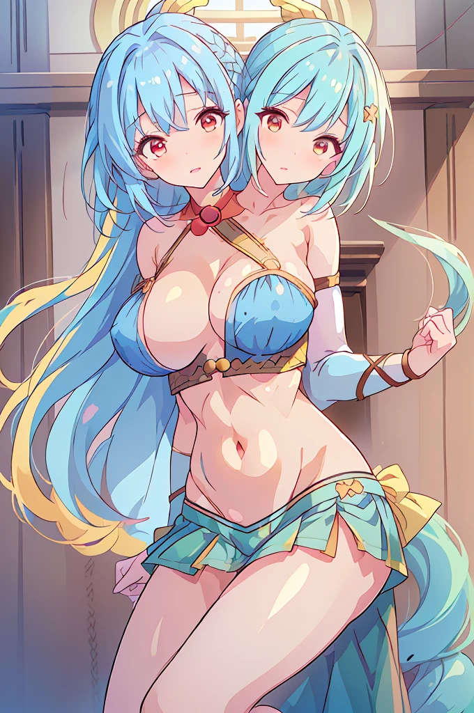(masterpiece, best quality),best quality, best resolution, (ultra-detailed), ((3heads:1.5)), 1girl, three heads, (keiki haniyasushin:1.3), masterpiece, best quality, ultra quality, ultra resolution, yellow top, crop top, ((stomach)), midriff, ((groin)), yellow skirt, miniskirt, normal ears, shackles, sky (light blue hair:1.5), (same hair color), (blunette:1.5), very long hair, wavy hair, beautiful eyes, red eyes, parted lips, smiling, soft smile, cute smile, cute, toned belly, hand on own chest, eyelashes, (2 woman:1.3), (masterpiece:1.5), (best quality:1.5), (beautiful detailed), extremely detailed CG, extremely delicate and beautiful, depth of field, (finely detailed face), (perfect details:1.2), (mature female:1.3), wide pelvis, slender, large veiny breast, 16k resolution, highres, high quality, high definition, extremely detailed, masterpiece, sky blue hair, long hair, alluring presence, twin braid, short skirt, close up, very big breasts, huge breasts, young, green handkerchief, (wearing a haniwa:1.4), kofun period clothing, three headed girl, 3heads,

