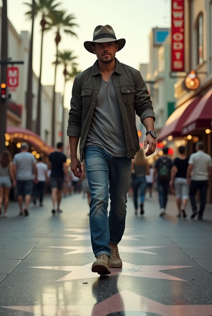 a movie star similar to Leonarfo Di Caprio in hat walking on Hollywood Walk of Fame