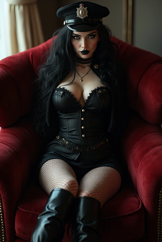 Erotic goth police woman with fishnets short skirt and boots sitting on the sofa