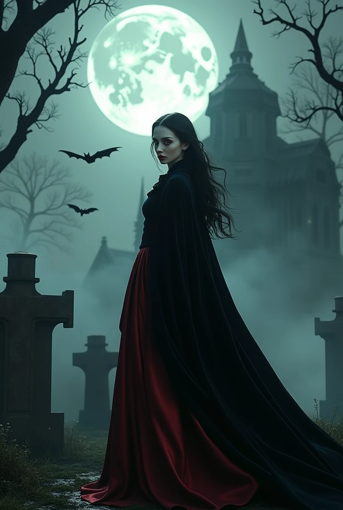 Illustrate a dark and gothic scene set in a fog-covered graveyard under a full moon. A elegant female vampire with pale skin, sharp fangs, and piercing red eyes stands in the foreground, draped in a black velvet cloak that billows in the night wind, flowing black hair and a blood-red dress. She has an aura of danger and allure. Around her, the graveyard is filled with ancient, weathered tombstones, twisted trees, and bats flying through the mist. The moonlight casts eerie shadows, and a crumbling mausoleum can be seen in the background. The overall atmosphere is chilling, with a blend of horror and gothic beauty. Moody lighting, high contrast, dramatic shadows, cinematic composition, 8K, use your sofisticated skills to give life for this mysterious image