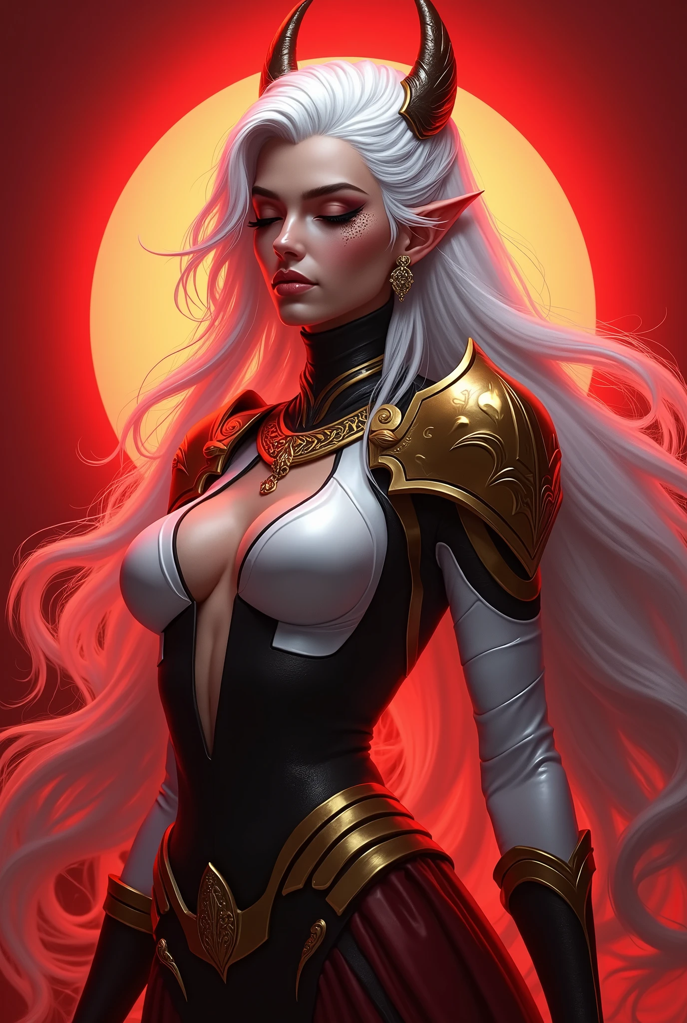 (masterpiece, high quality:1.1), extremely detailed, ambient,
SallyWhitemane, 1girl, mature female, FeelsGood, closed eyes,
determined,
white hair, long hair, closed eyes, jewelry, (eyeshadow:1.3),
hat, shoulder armor, (two-tone leotard:1.2), gold trim,
red background,