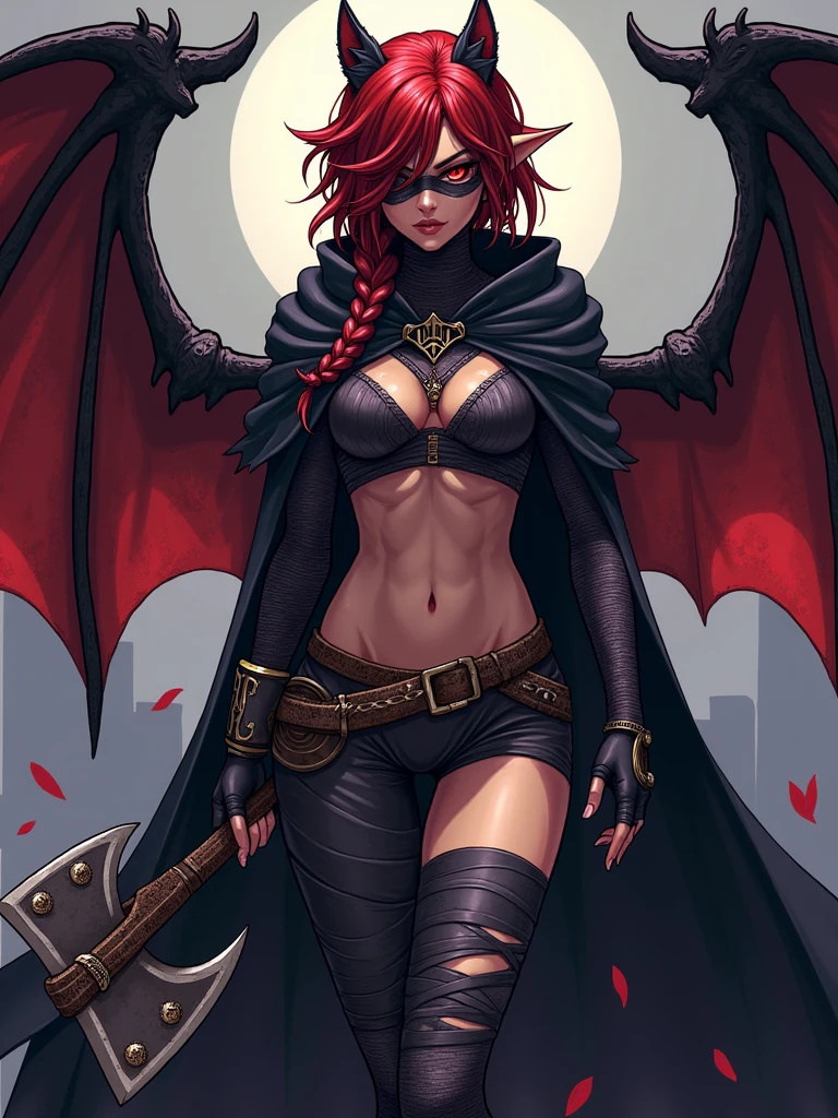 Final Fantasy style, pixelated, character, cartoon, a berserker half-vampire woman, RPG character, legendary heroine, 2D isometric game art, masterpiece, super detail, digital quality at best, red hair, short hair, black cape and hood, red eye, bandage and bandages on face, tanned skin, bat wings, pointed ears, holding an ax