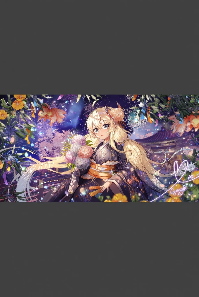 1 girl(masterpiece,top quality,best quality,official art,Beauty and aesthetics:1.2),blonde hair,green eyes,long hair,big sister,tall figure,enchanted,enchanting,Flushed complexion, playful expression while Blushing, super gigantic breasts,Breasts larger than the head, kimono, clogs,Off the shoulders, cleavage,Sitting on the stone steps by the water of a hot spring, thigh exposed.