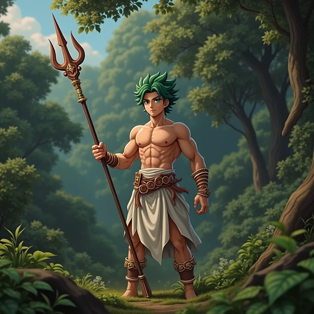 Izuku Midoriya, Shirtless, Green Hair, With Spear, Hunting, Green Eyes, Greek Warrior, Shirtless, Greek Mythology, Son of Artemis, Forest, Hunter.