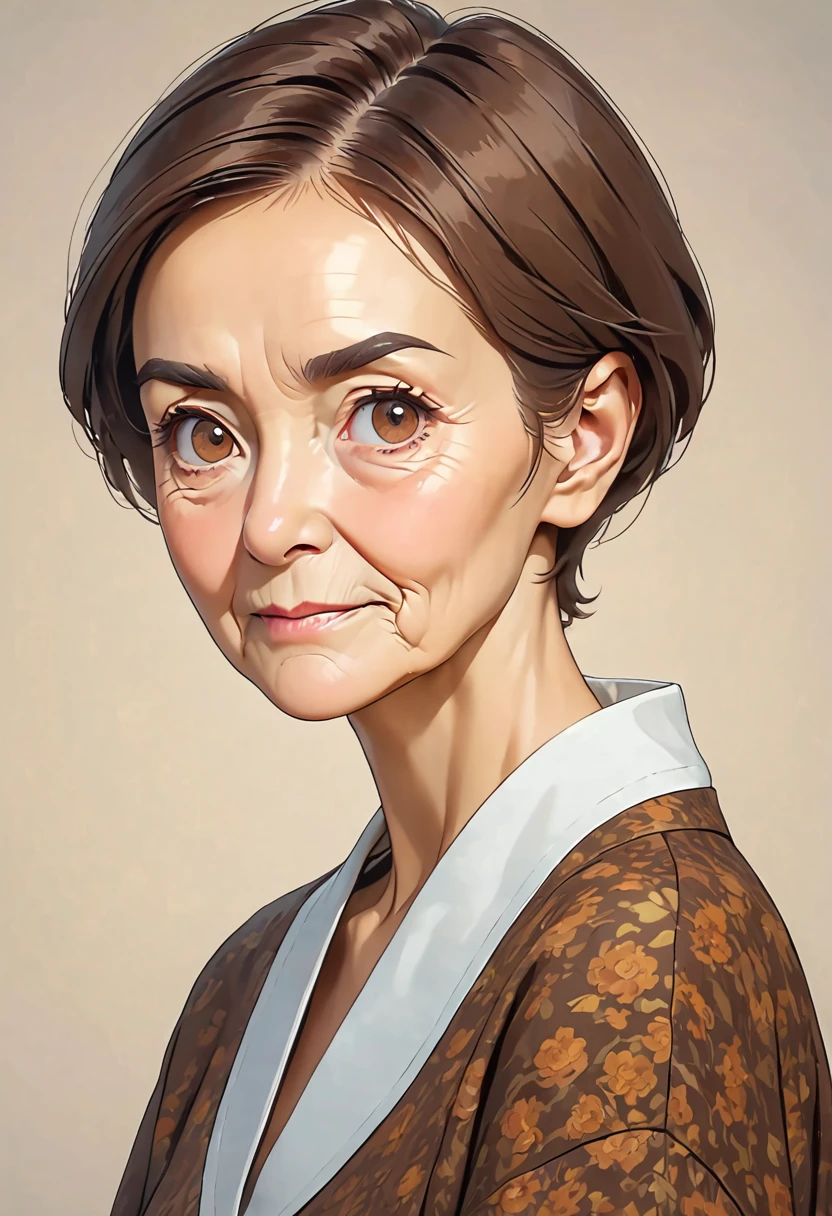 Old woman, short thin hair, brown hair and eyes, thin eyebrows
