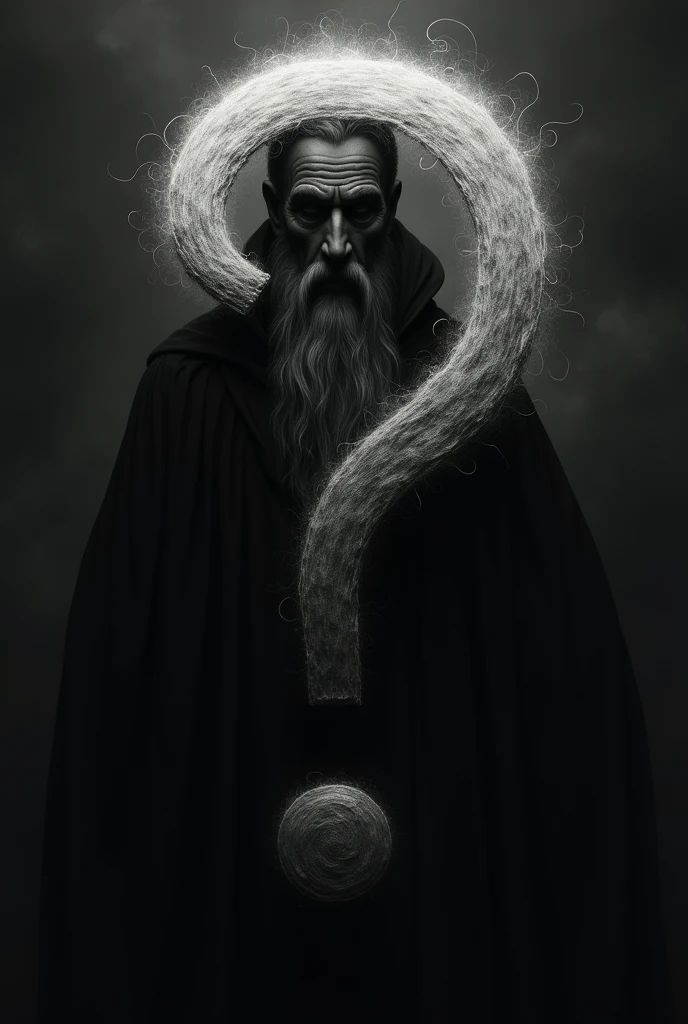 Make a black image with a question mark in the shape of a really cool old wizard