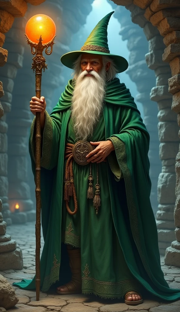 Old male wizard, whole body, Long white beard, Green robe and cloak with green conical hat, He is holding a large staff with an orange ball on the end., Dungeons