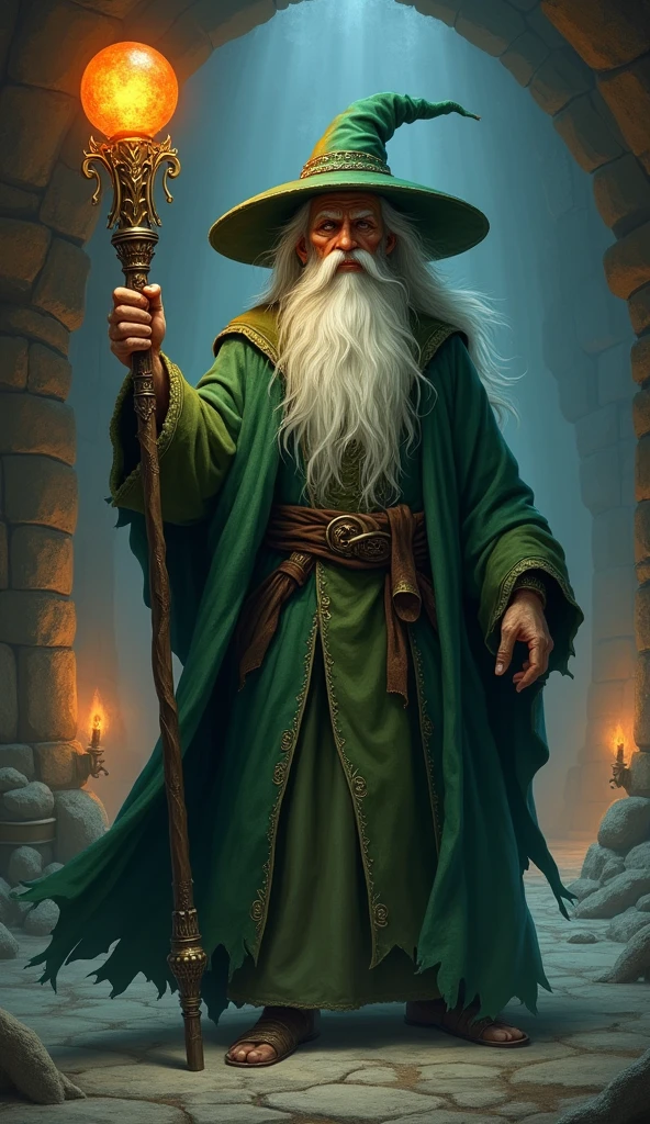 Old male wizard, whole body, Long white beard, Green robe and cloak with green conical hat, He is holding a large staff with an orange ball on the end., Dungeons