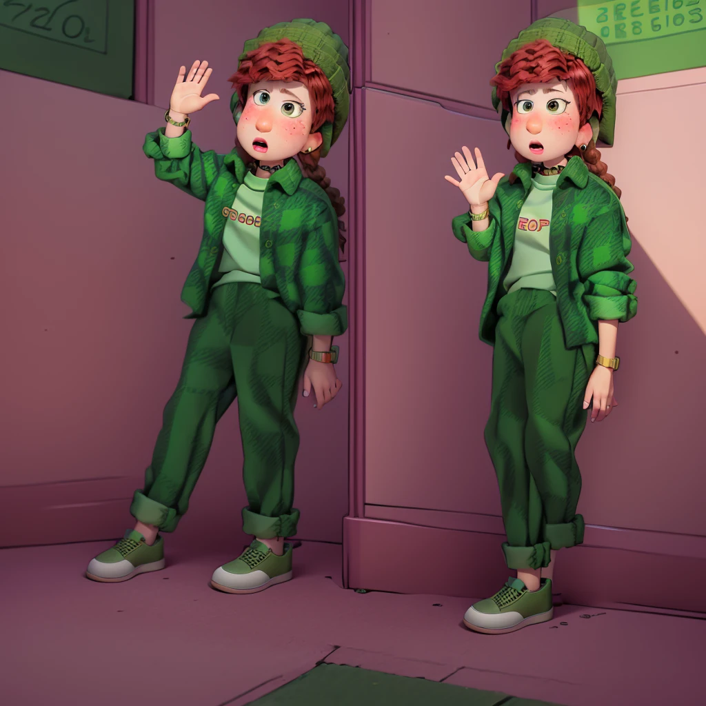Miriam Mendelsohn
m_m, 1 girl, green eyes, red hair, braids, freckles , fur hat, earrings , headphones, flannel shirt green , shirt mint green , trousers dry green , plum shoes ,
score_9, score_8_up, score_7_up,
(((alone ))),
(((at school))) , (((full body))), looking at viewer, waving,