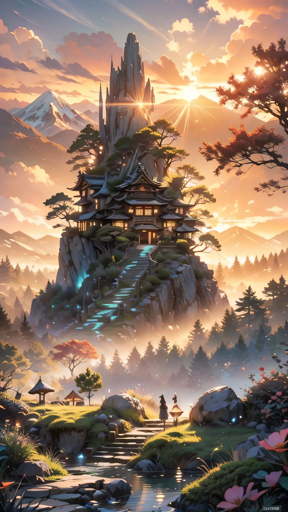 a futuristic small low pod home in a beautiful japanese garden, fairytale view with dramatic mountain range, rocks plants flowers shrubs bushes trees moss lawns grass mushrooms,colourful sunset and strong sunbeams,very hazy,extreme details,photorealistic,4k,HD,beautiful,nature, dreamy, low shot,ground level photo, good luminosity, high ambience