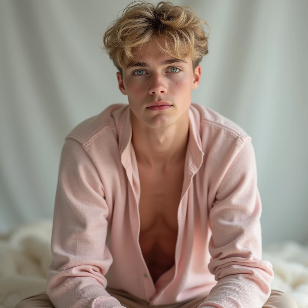 (1boy, (male focus), (young man), 18 years old, male, flat chest, (shirtless), (blonde hair, blue eyes, short hair, (white boxers with red hearts), (slender), (sitting in velvet armchair), bedroom background,(looking at the viewer), vibrant colors, depth of field, cinematic lighting, (flower petals), (dark red lighting), 1boy, award winning (portrait photo:1. 4), high quality, hyper realistic, 4k, realistic, backlighting, (shallow depth of field:1. 5), by lee jeffries nikon d850 film stock photograph 4 kodak portra 400 camera f1. 6 lens rich colors hyper realistic lifelike texture dramatic lighting unreal engine trending on artstation cinestill 800 (vignette:1. 3), filmgrain, artistic photography, perfect composition, beautiful detailed, cinematic perfect light, perfect eyes, bautiful eyes, blue eyes