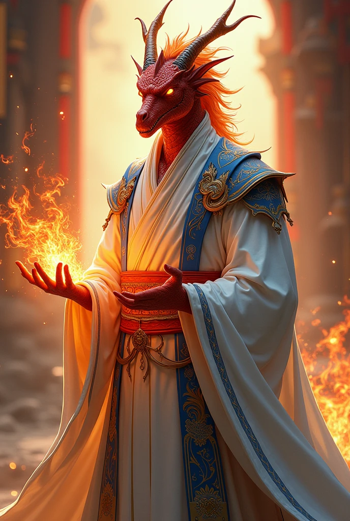 Red Dragonborn, male, wizard, oriental dragon, white robes, blue details, gold details, gold curly hair, slim, fire magic