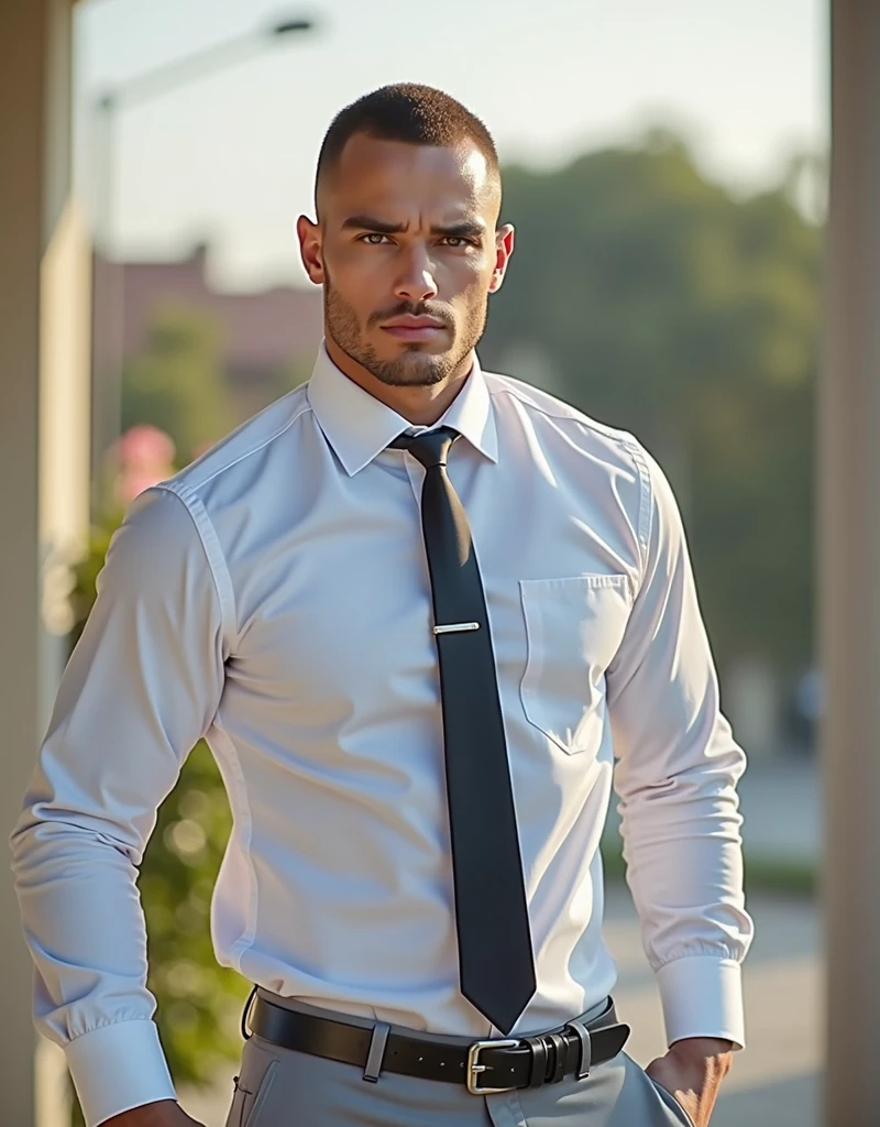 "A highly realistic image of a 3 light-skinned Brazilian man with closely cropped short brown hair and brown eyes. He is dressed in a light gray uniform, consisting of fitted dress pants, black socks, black dress shoes, and a white short-sleeved button-down shirt tucked into his pants. The man has a clean-shaven face, no mustache or beard, and displays firm arms. He stands in a dimly lit room, illuminated by soft, warm, and sensual lighting, casting gentle shadows that highlight his physique and features. His serious expression carries a hint of sensuality in his gaze. The background and atmosphere are styled to resemble a scene from an adult book cover, adding a touch of mystery and allure. The image is captured in a full-body shot with natural textures, realistic lighting, and an editorial style."