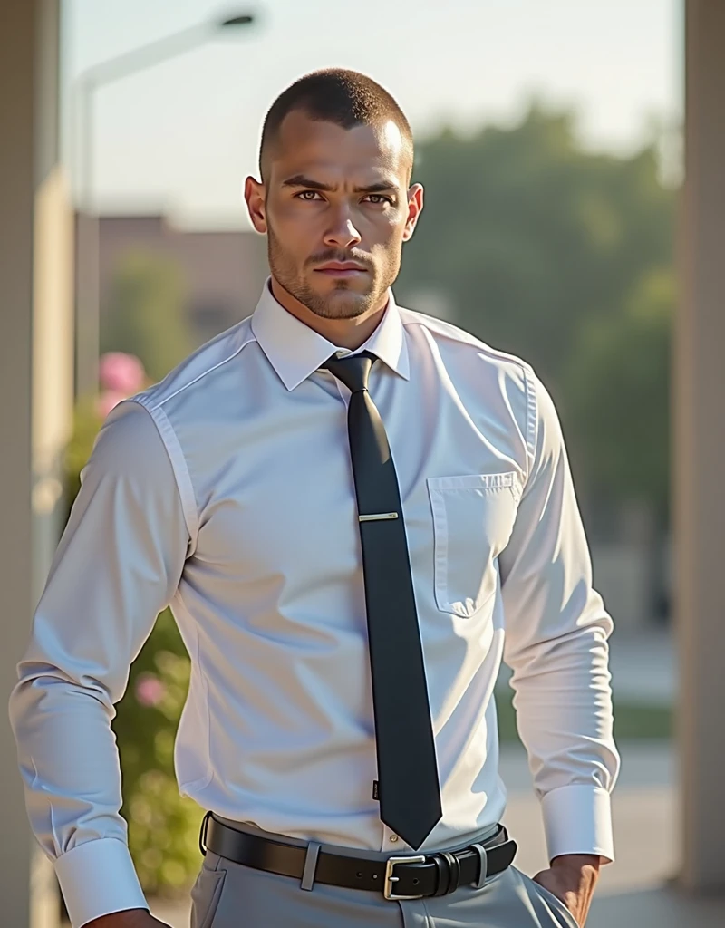 "A highly realistic image of a 3 light-skinned Brazilian man with closely cropped short brown hair and brown eyes. He is dressed in a light gray uniform, consisting of fitted dress pants, black socks, black dress shoes, and a white short-sleeved button-down shirt tucked into his pants. The man has a clean-shaven face, no mustache or beard, and displays firm arms. He stands in a dimly lit room, illuminated by soft, warm, and sensual lighting, casting gentle shadows that highlight his physique and features. His serious expression carries a hint of sensuality in his gaze. The background and atmosphere are styled to resemble a scene from an adult book cover, adding a touch of mystery and allure. The image is captured in a full-body shot with natural textures, realistic lighting, and an editorial style."