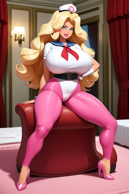 "A beautifully detailed portrait of a Nordic princess named Leona and a man. Leona has long, straight blonde hair styled with pearls and ribbons. She is dressed in an elegant off-shoulder short pink transparent dress that accentuates her curves. Her face is perfectly made up with heavy makeup, including layers of foundation, eyeshadow, and ((glossy lipstick)). She has fair skin and ((blue eyes)). ((She is sitting with her hands in front of her)) ((pink nails)). The background includes an opulent bed and ornate decorations, reflecting the grandeur and wealth of the palace. Leona looks sad, with an expression that conveys a deep sense of sorrow. The image should focus on vibrant colors and a soft, illustrative look."