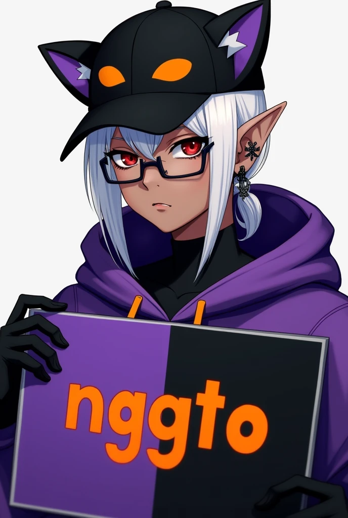 young man, Black skin tone, dark red eyes, elf ear small size, black earring in the shape of a cross but with two ears, wears prescription glasses, White hair, hair tied with ponytail, 2 strands of hair in the front, wears a black cap with a cat face, wears a closed hood with two different colors, black on one side and purple on the other, com um nome laranja Written: NGGTO. Holding a sign with a side cut that divides the colors black and purple, Written: NGGTO Classic