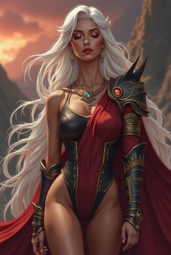 (masterpiece, high quality:1.7), extremely detailed, ambient,
SallyWhitemane, 1girl, mature female, FeelsGood, closed eyes,
determined,
white hair, long hair, closed eyes, jewelry, (eyeshadow:1.3),
hat, shoulder armor, (two-tone leotard:1.2), gold trim,
red background,