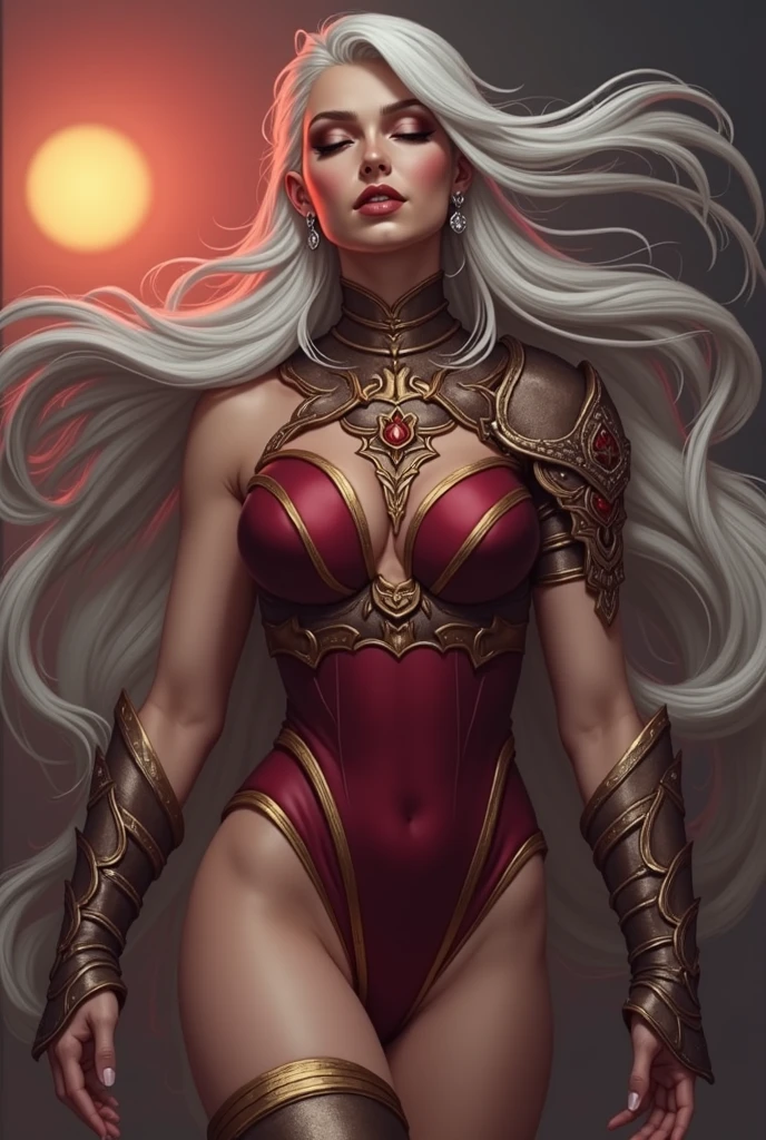 (masterpiece, high quality:1.7), extremely detailed, ambient,
SallyWhitemane, 1girl, mature female, FeelsGood, closed eyes,
determined,
white hair, long hair, closed eyes, jewelry, (eyeshadow:1.3),
hat, shoulder armor, (two-tone leotard:1.2), gold trim,
red background,
