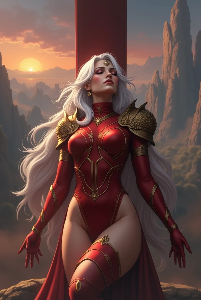 (masterpiece, high quality:1.7), extremely detailed, ambient,
SallyWhitemane, 1girl, mature female, FeelsGood, closed eyes,
determined,
white hair, long hair, closed eyes, jewelry, (eyeshadow:1.3),
hat, shoulder armor, (two-tone leotard:1.2), gold trim,
red background,