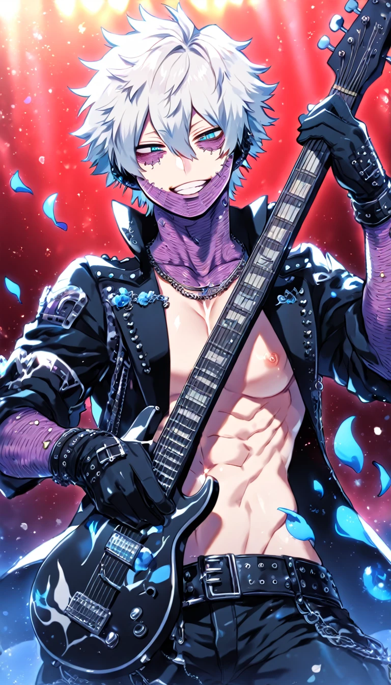 Ultra detailed, Highres, absurdres, HDR, master piece, Dabi, white hair, expressive turquoise eyes, Boku No Hero Academia, sexy man holding a guitar, solo, rocker, black rocker clothes with trimmings, blue petals, glittering, black gloves, blue flowers, sensual, fantasy, idol stage, concert, manly man, horny, erotic, close up, smirking, visual kei, black clothes, black pants, blue flames, mature man, adult face