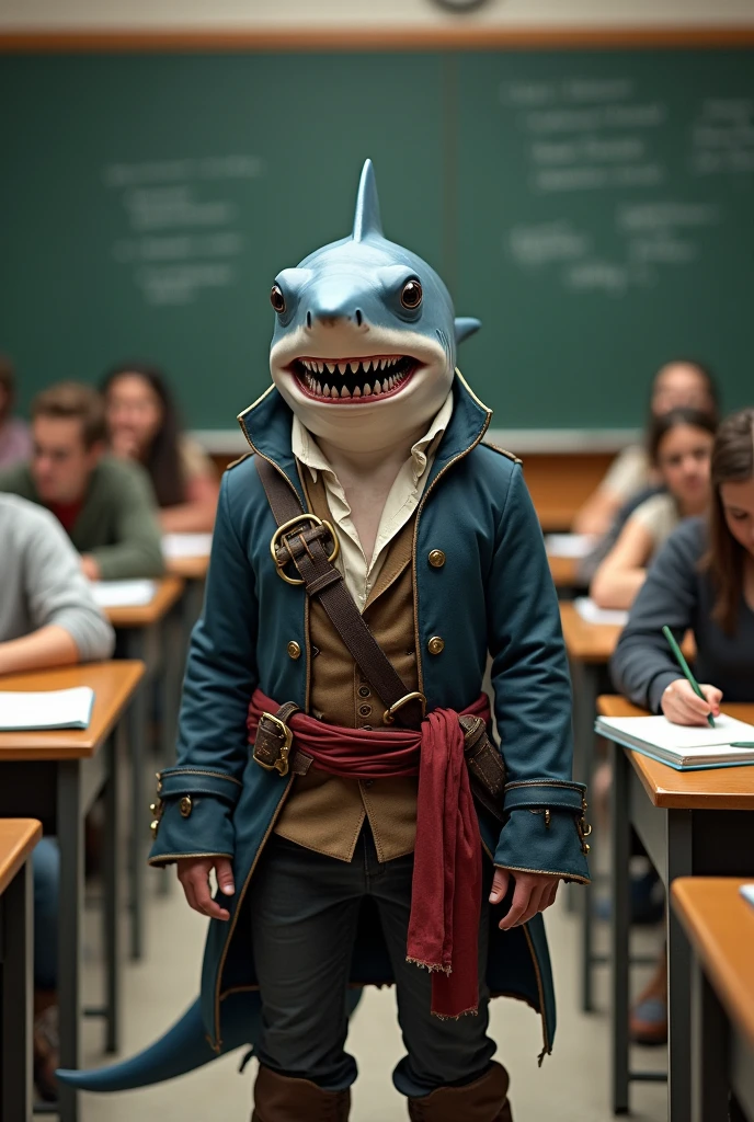 an anthropomorphic shark with a single fin and wearing a pirate outfit, like jack sparrow taking a test in a classroom with humans