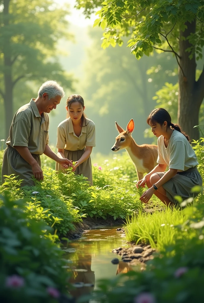 Make an image of people planting green plants and a deer passing by the side of the image looking at the image. 