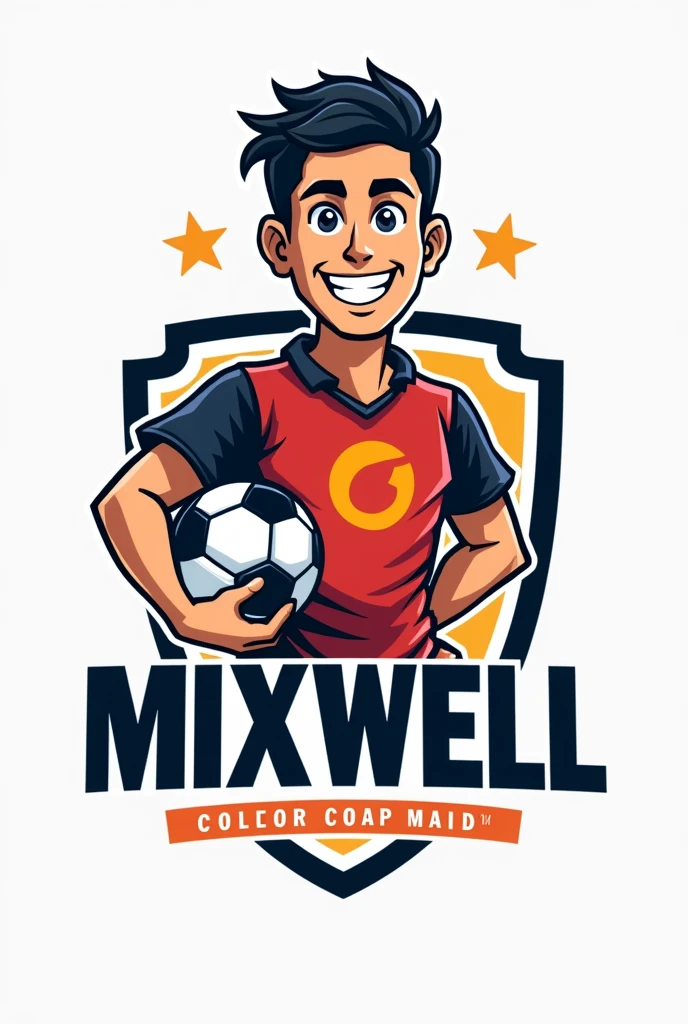 Un logo d'un équipe avec un nom MIXWELL  et un footballeur tenant un ballon en souriant 