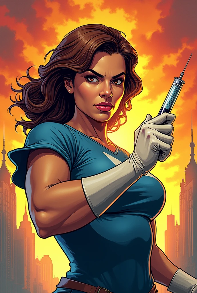Woman holding a syringe comic book 
