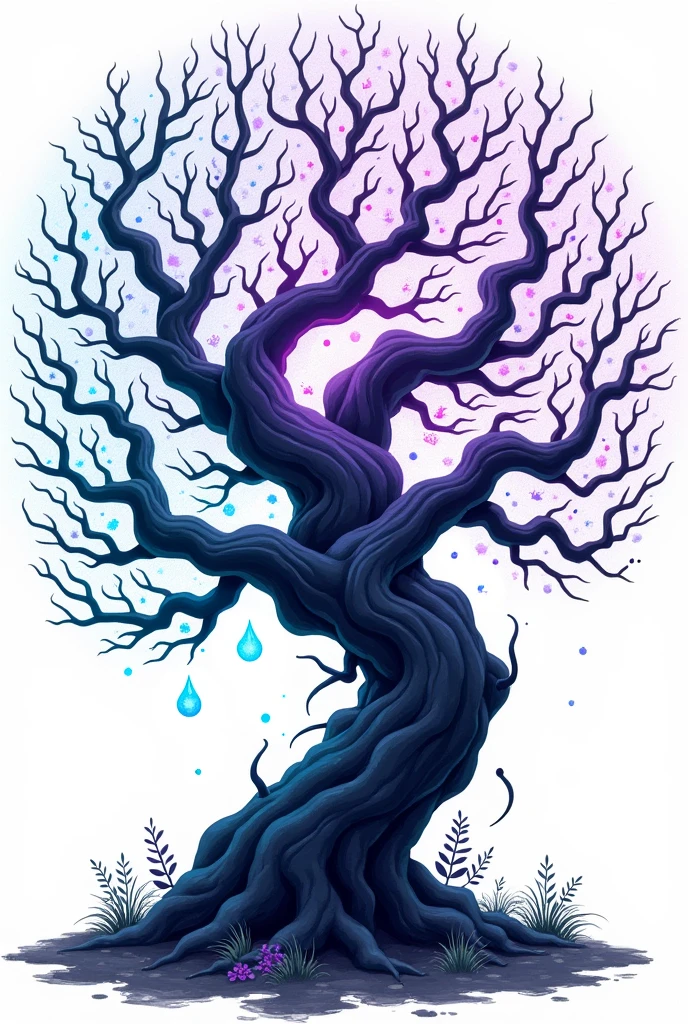 illustration, dark tree with purple details and blue and turquoise details, magic theme, mysterio, white background