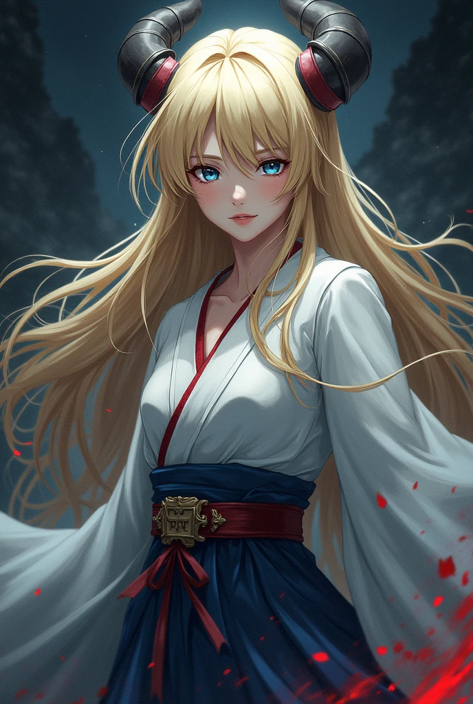 A girl with blonde hair, blue eyes, pale skin, long hair, long eyelashes, demon slayer style 