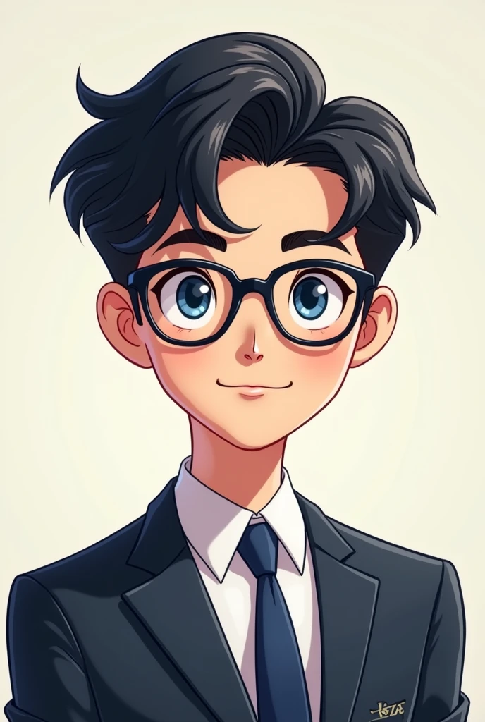 A young man with black hair and blue eyes, wearing a suit, handsome, half Korean, half English, still young and handsome, wearing teardrop-shaped glasses, is a cartoon character.