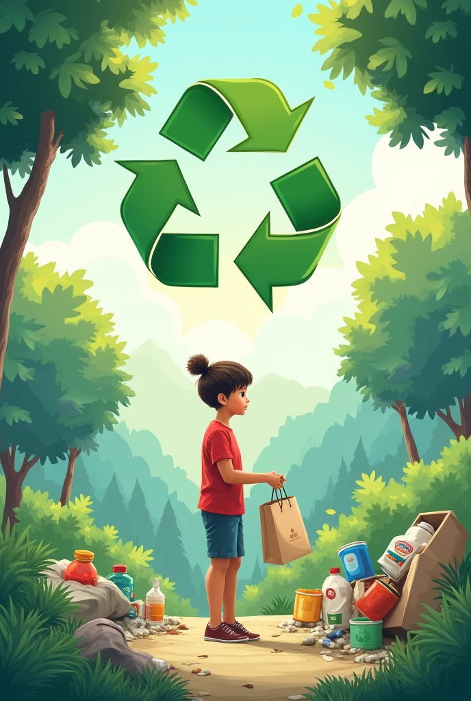 make a poster that illustrating saving the environment. Reduce, Reuse, Recycle: Depict a visual representation of these actions, perhaps with a person sorting trash or using reusable bags.