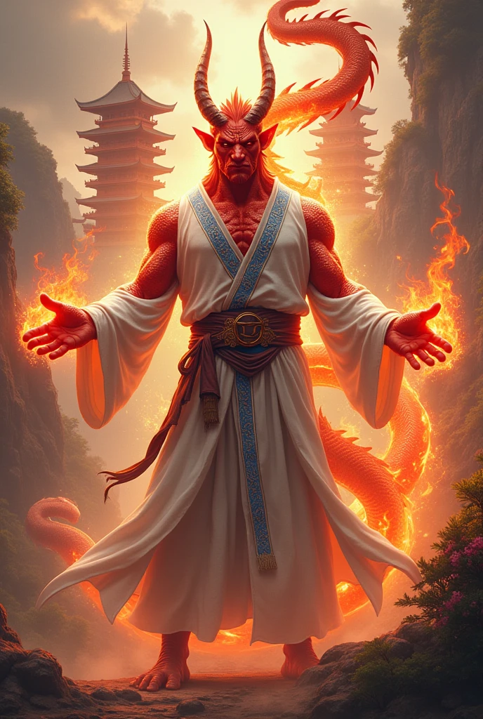 Red Dragonborn, male, curly hair, wizard, oriental dragon, white robes, blue details, gold details, slim, fire magic