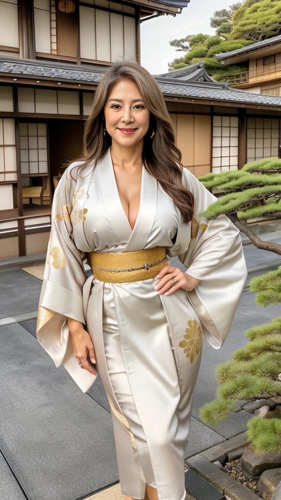 60 year old mature woman, Alone, Casual hair, Looking at the audience, (Orgasm face), Gray and white blonde hair, Brown eyes, Luxury gold jewelry, Full body, (((Looks wearing sexy japanese kimono dress, beautiful and sexy))), Realistic, Sexy, beautiful color, perfect skin, 3 breast sizes. (Realistic, high resolution), photo size 3:4, 1 cute sexy mature woman, expressive big brown eyes, happy, ( 8K, raw photo, Best quality, High detail, curvaceous shape, curvaceous body, full body from the tip head to toe, smile Incredible Pleasure, (((Background Typical Japanese house Front yard of the house))),