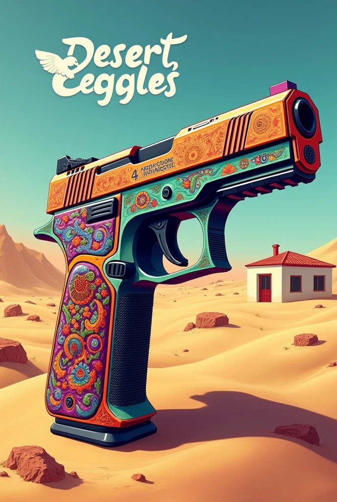 Very colorful Desert Eagle pistol, with houses in the background, with a sentence written underneath, for few in Portuguese