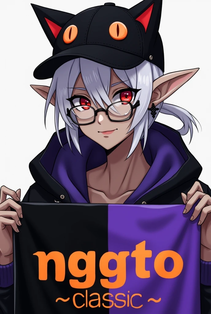 young man, Black skin tone, dark red eyes, elf ear small size, black earring in the shape of a cross but with two ears, wears prescription glasses, White hair, hair tied with ponytail, 2 strands of hair in the front, wears a black cap with a cat face, wears a closed hood with two different colors, black on one side and purple on the other, com um nome laranja Written: NGGTO. Holding a sign with a side cut that divides the colors black and purple, Written: NGGTO Classic