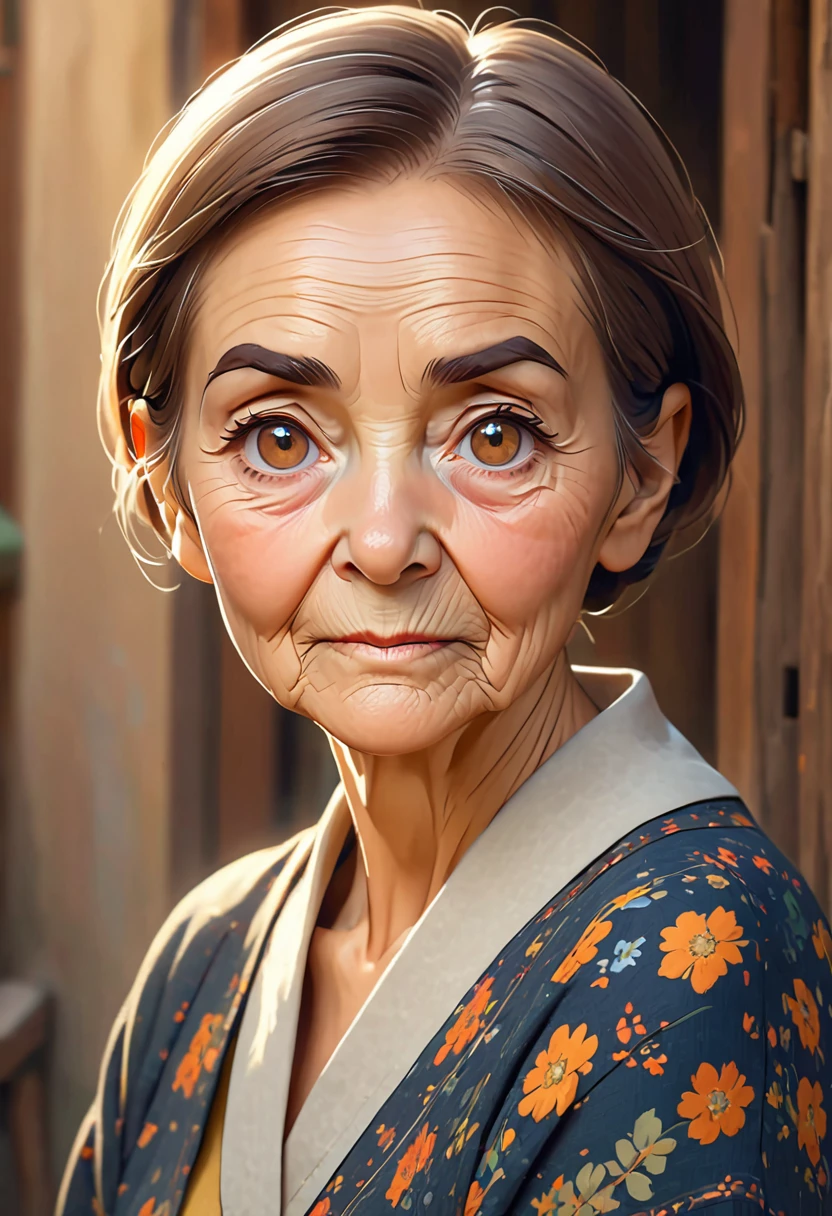 Little old woman, short thin hair, brown hair and eyes, thin eyebrows