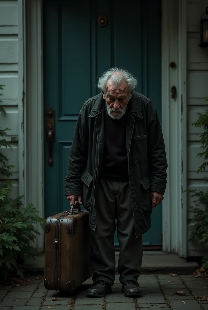 Create a cinematic and realistic image of, The father who used to take care of his children during his youth and fulfilled their every wish, has now thrown him out of the house by his children 