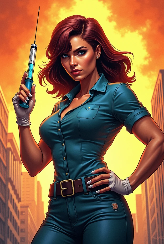 Woman holding a syringe comic book