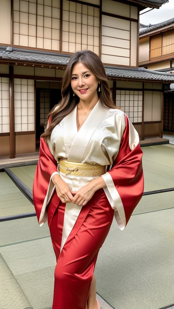 60 year old mature woman, Alone, Casual hair, Looking at the audience, (Orgasm face), Gray and white blonde hair, Brown eyes, Luxury gold jewelry, Full body, (((Looks wearing sexy japanese kimono dress red, beautiful and sexy))), Realistic, Sexy, beautiful color, perfect skin, 3 breast sizes. (Realistic, high resolution), photo size 3:4, 1 cute sexy mature woman, expressive big brown eyes, happy, ( 8K, raw photo, Best quality, High detail, curvaceous shape, curvaceous body, full body from the tip head to toe, smile Incredible Pleasure, (((Background Typical Japanese house Front yard of the house))),